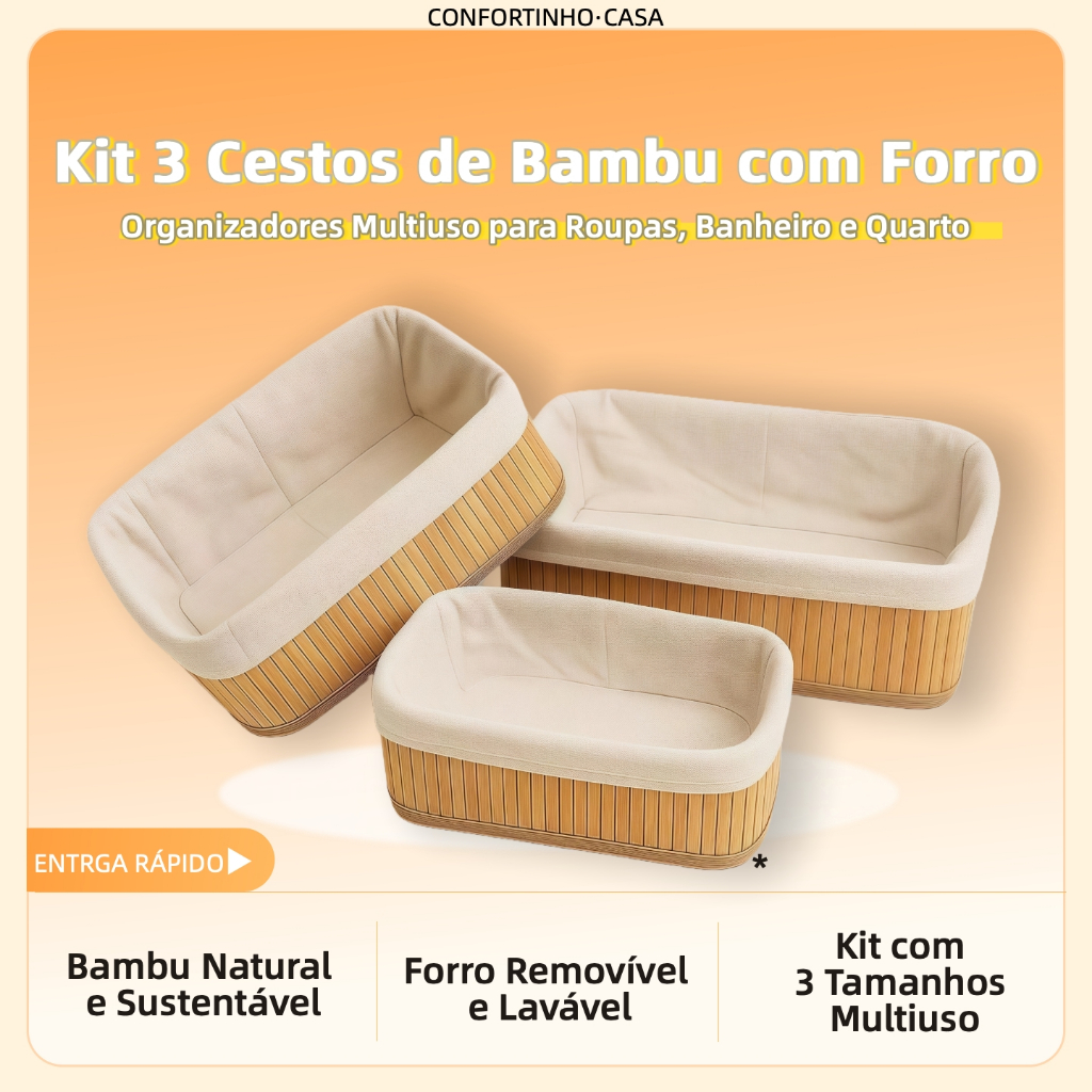 Kit 3 Cestos Organizadores Bambu Natural com Forro Lavável Antimofo