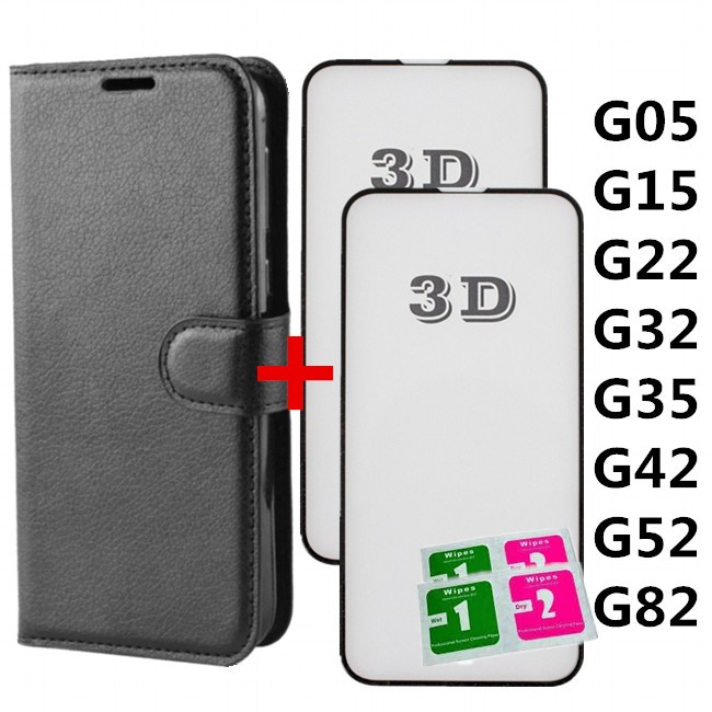 Capa Carteira Couro Flip + Película de vidro 3D Para Moto G05 G15 G22 G32 G35 G42 G52  G82 em Oferta na Shopee