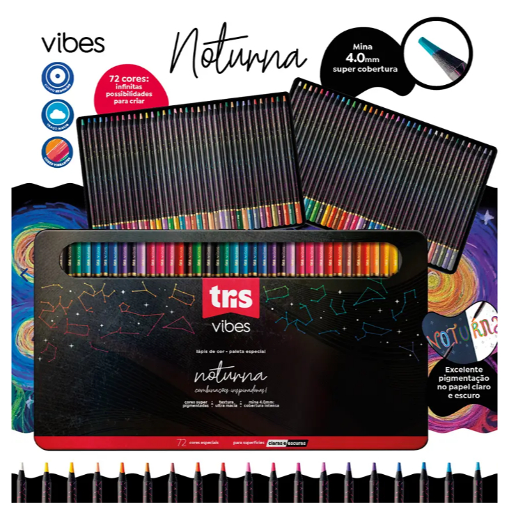 Lápis de Cor Vibes Noturna Tris 24 72 Cores Estojo Arte Noite Ilustração Bullet Journal