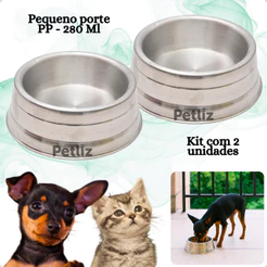 Kit 2 Pote Comedouro e Bebedouro Pesado Polido de Alumínio Ração para Cães Pequeno Porte PP 280 ml