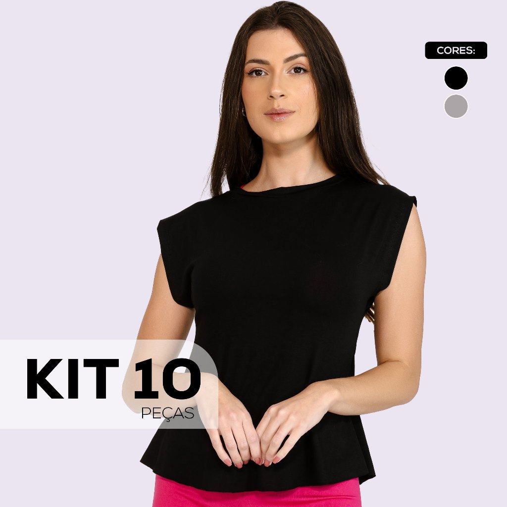 Kit 10 Regatas Cavada Fitness Feminina Cavada Trainning Preto T-Shirt LongLine Poliéster Lisa