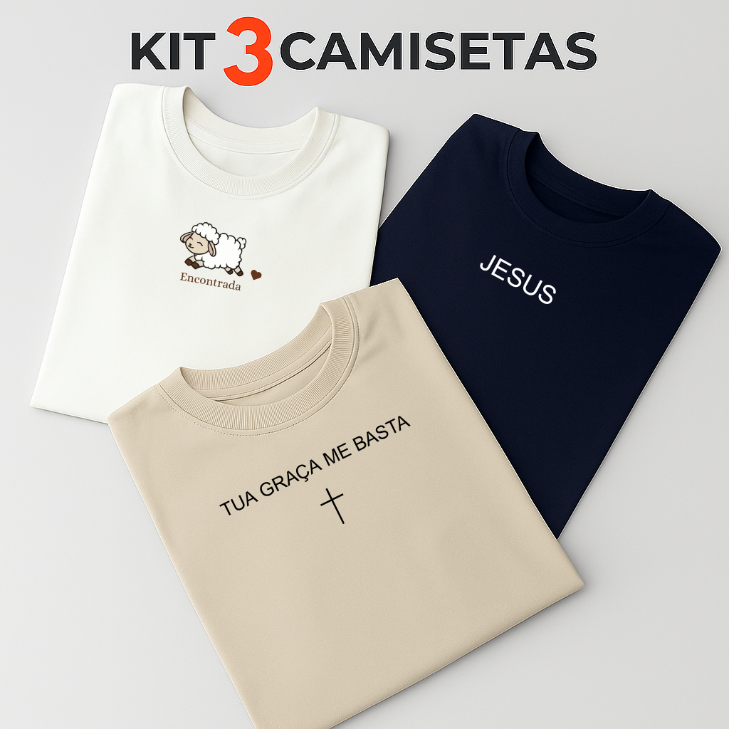 Kit 3 Camisetas Cristã Feminina Básica T-shirt 100% Algodão Premium Infantil Adulto Plus Size