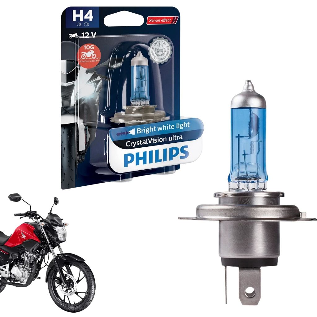LÂMPADA PHILIPS FAROL ALTO E BAIXO MOTO CRYSTAL VISION H4 60/55W 12V 4100K em Oferta na Shopee