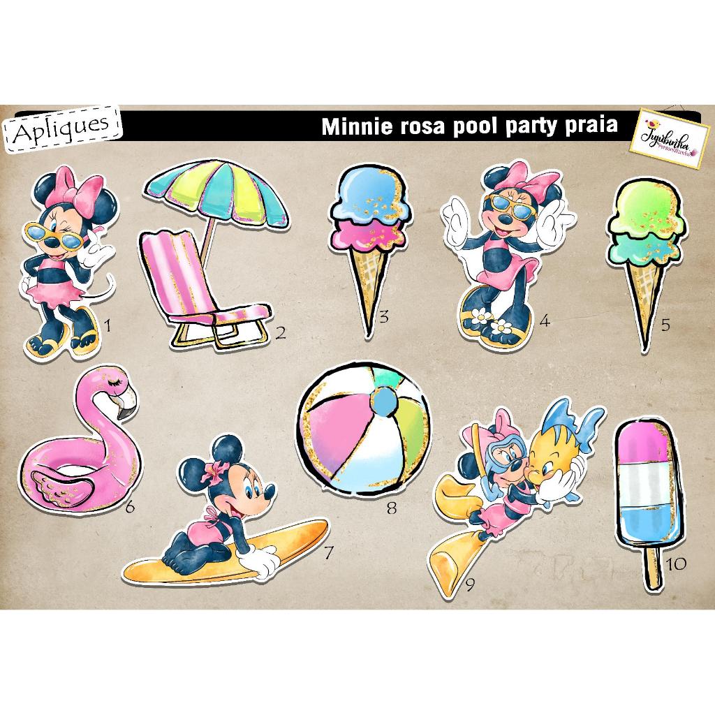 ADESIVO RECORTADOS  - MINNIE ROSA POOL PARTY PRAIA -  TUBETES, DECORAÇÃO, FESTAS, ANIVERSÁRIOS, ARTE