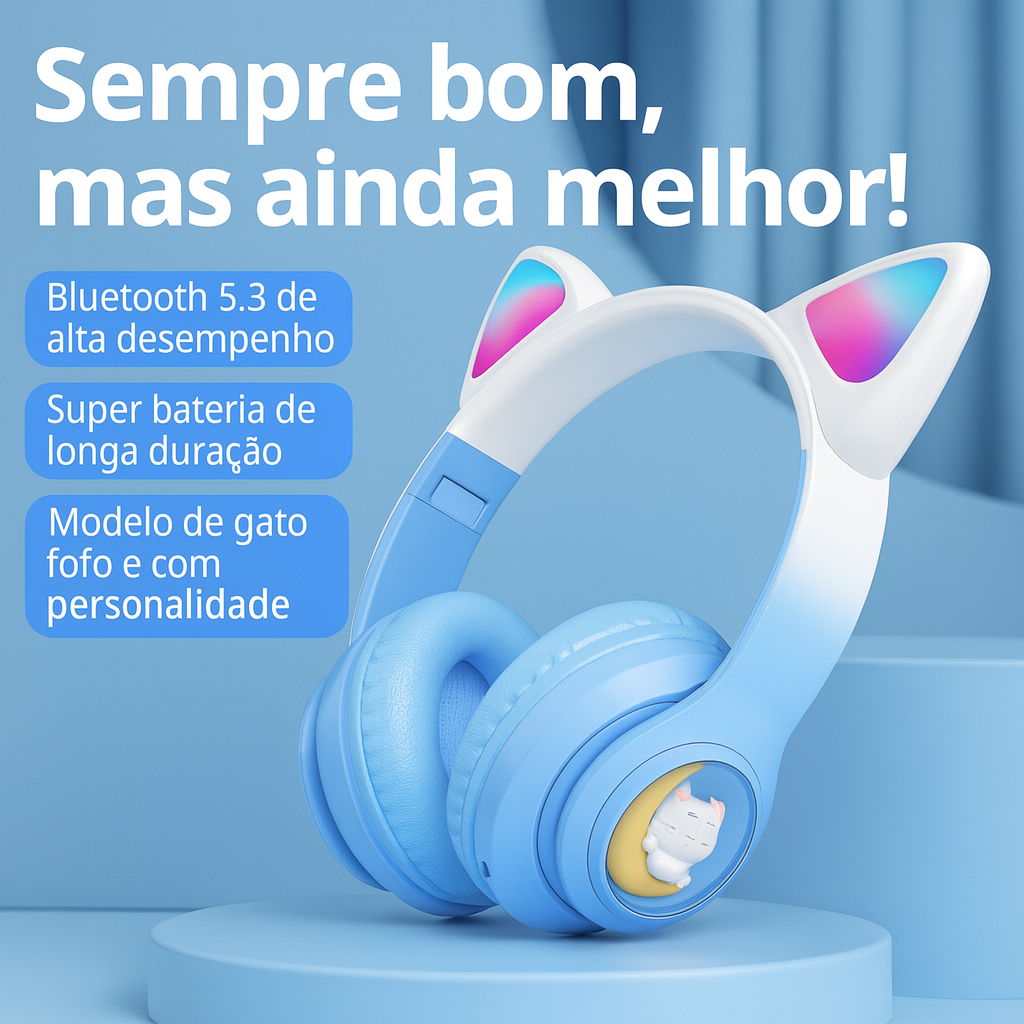 Fone De Ouvido Bluetooth Orelha Gatinho Infantil Led Com Bluetooth Microfone