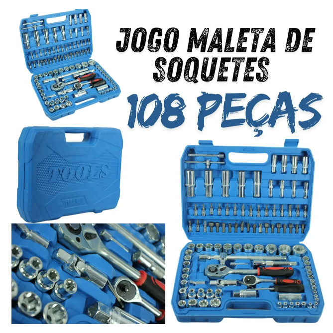 Kit Com 108 Peças De Soquete Para Mecânico Em Aço CRV 108 Pcs Catraca Reversível Original