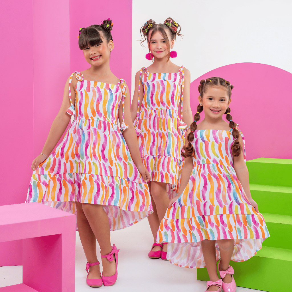 Vestido Colorido Midi Rodado Babado Soltinho Juvenil Menina Blogueirinha Criança Festa Moda Alça em Oferta na Shopee
