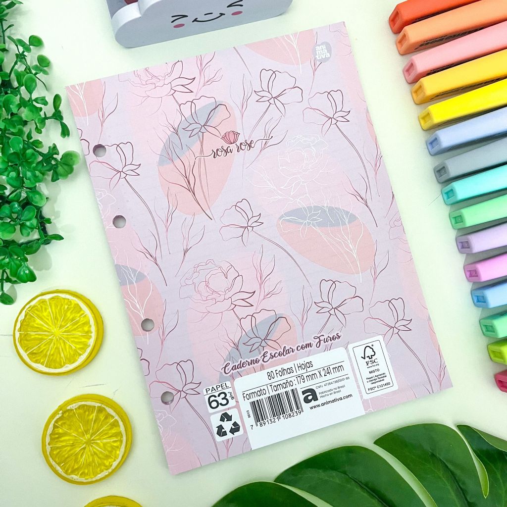 Refil Fichário Colegial Caderno Argolado Rosa Rose 80 Folhas 17,7x 24cm - Animativa (1 2 3 Unidades) em Oferta na Shopee
