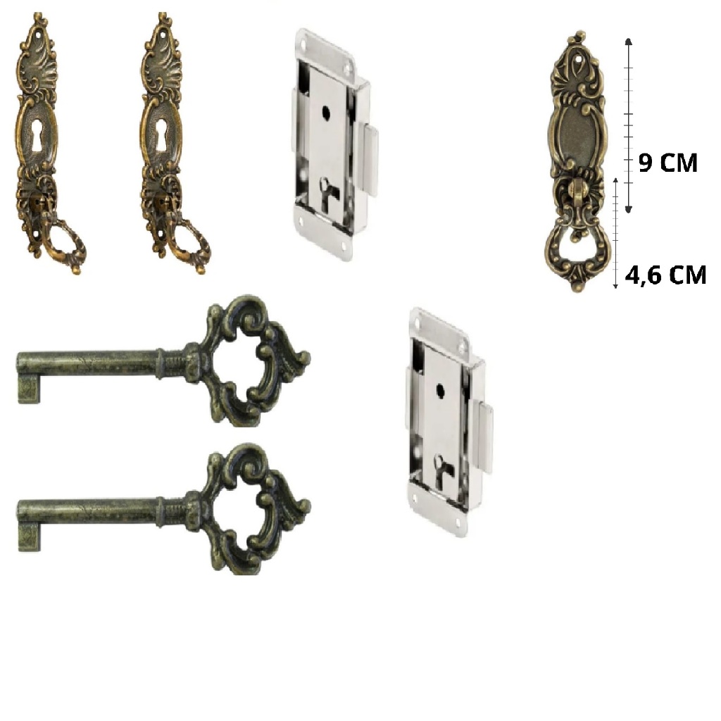 Kit Com 2 fechaduras + 2 Chaves Antiga + 2 Puxadores 9 Cm + 1 Puxador Maleiro Embutir Armário Guarda Roupa