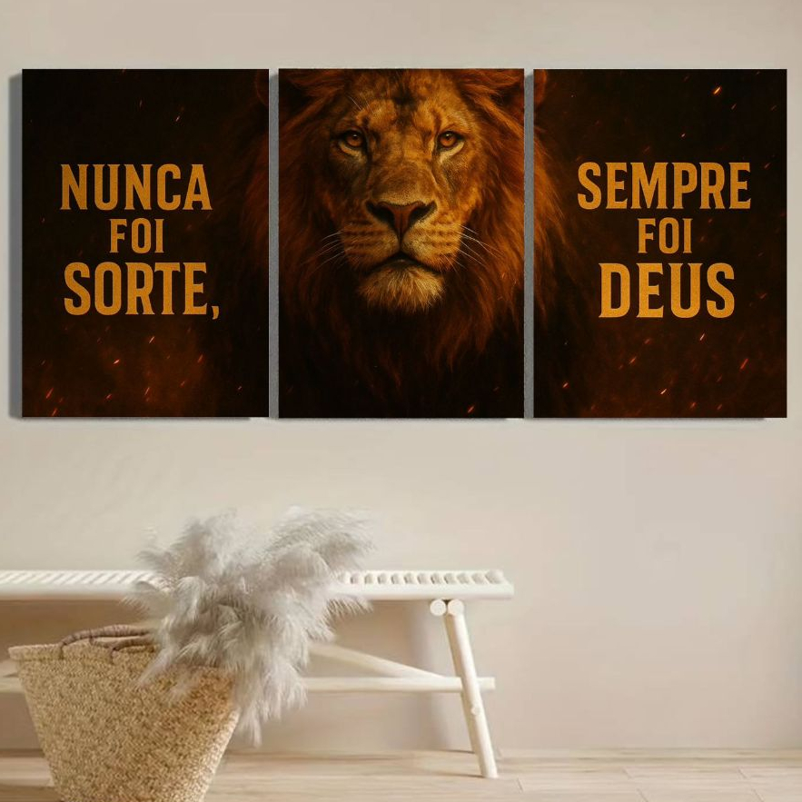 Quadro Decorativo 3 Peças Leão Nunca Foi Sorte Sempre Foi Deus Arte Religiosa e Motivacional