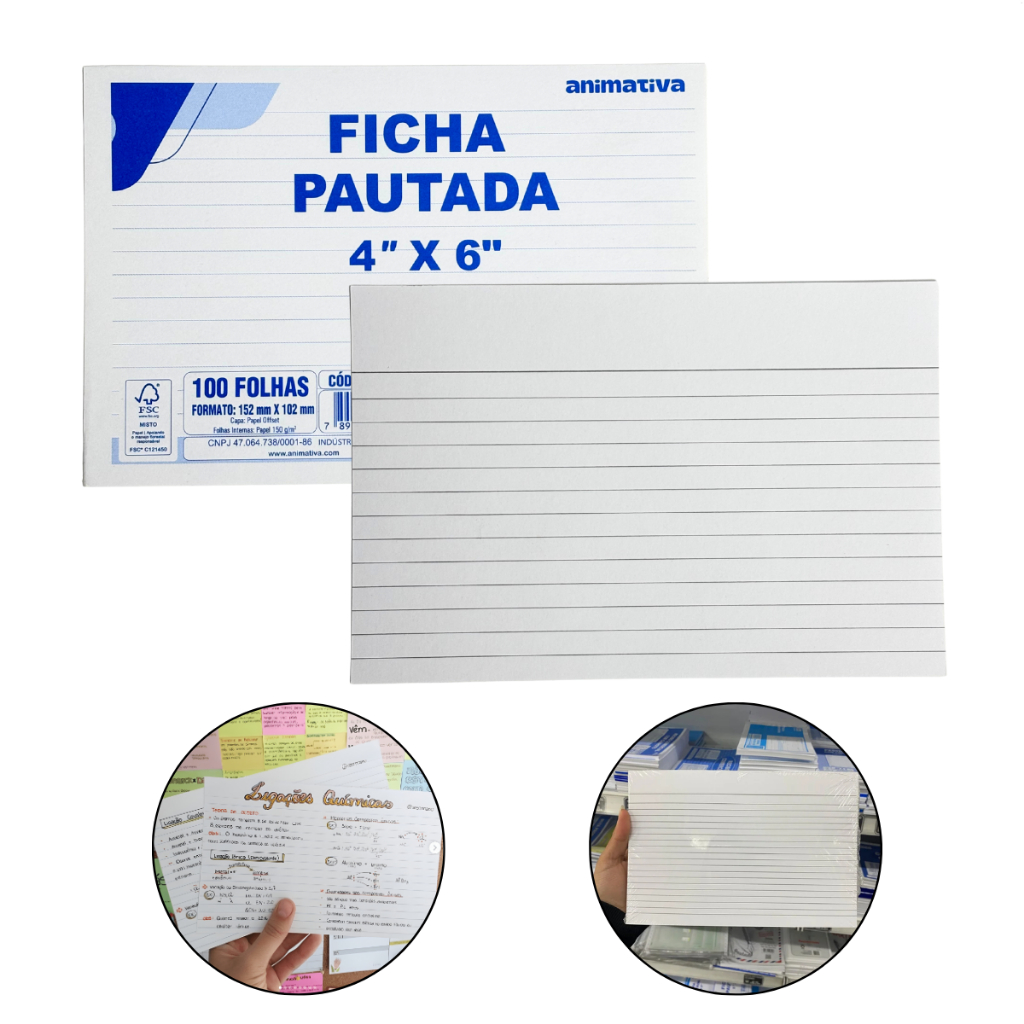 Ficha Pautada 4x6 Bloco 100 Folhas para Cadastro, Resumo e Fichário