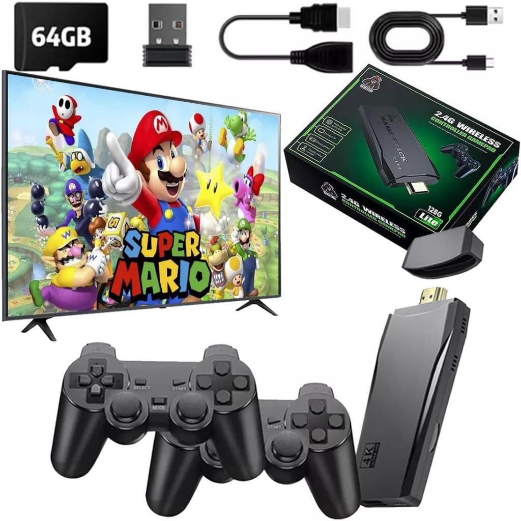 Console Retrô Game Stick Lite 4K HDMI 64GB com 20.000 Jogos Clássicos + 2 Controles Sem Fio 2.4GHz