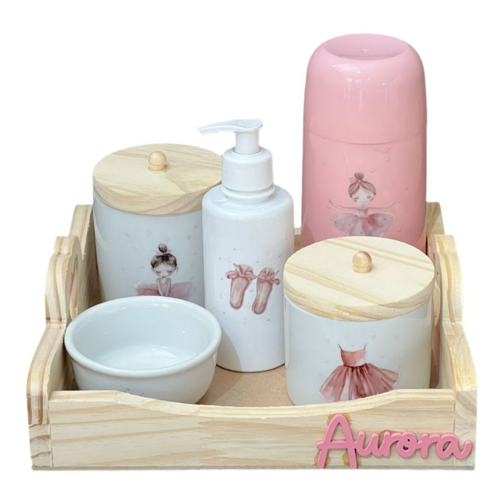 Kit Higiene Bebê Porcelana Bailarina Bandeja Pinus Adesivo Dtf Uv Com Nome Personalizado