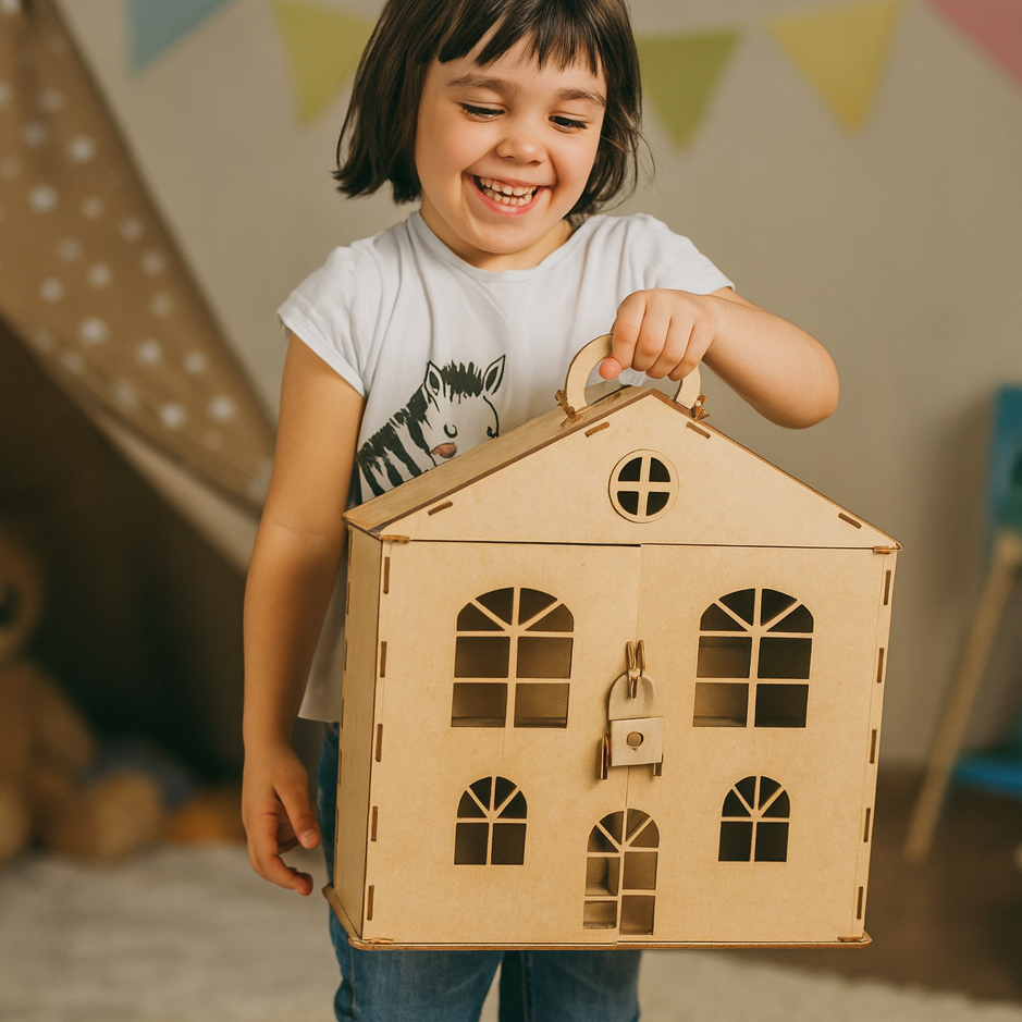 Casinha Casa de Boneca Maleta Portátil em MDF 3mm Infantil Brinquedo Menina Decoração Presente Natal