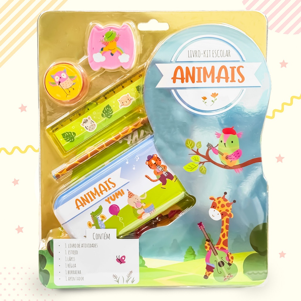 Livro Kit Escolar Animais- Livro Infantil de Atividades Educativas Com Estojo Lápis Régua Borracha e Apontador