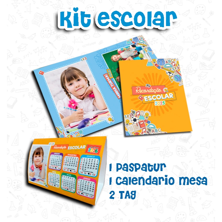 Recordação escolar Encarte Paspatur com calendário mesa 2026 mais brindes