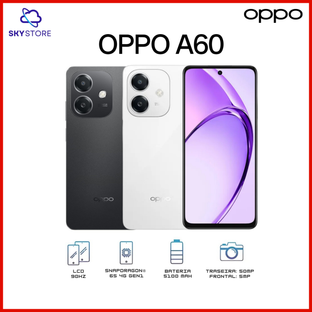 OPPO A60 4G,Versão Global,256GB/8GB RAM, Processador: Qualcomm® Snapdragon® 6s 4G Gen1, Câmera 50MP Bateria 5100mAh