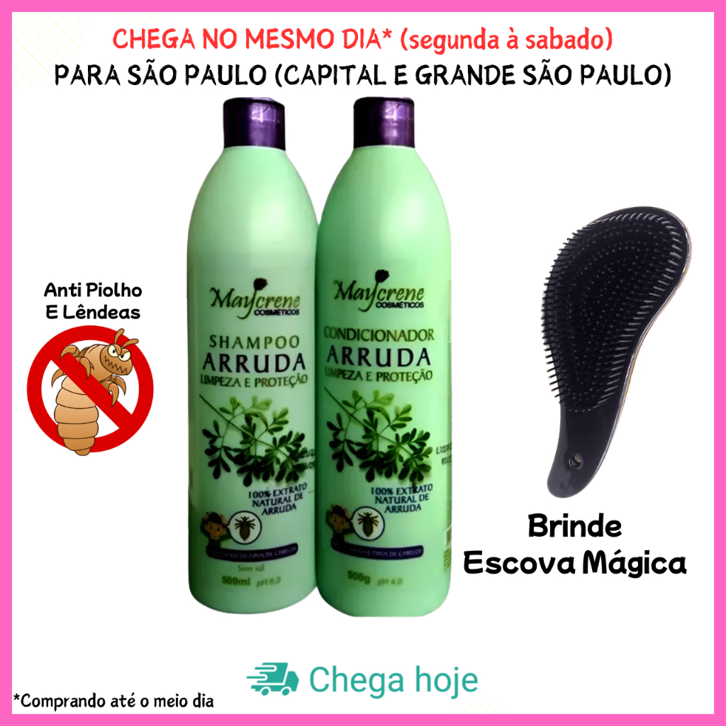 Kit Shampoo e Condicionador Maycrene Arruda 500ml + Escova Magica Pentear – Contra Piolhos e Lêndeas