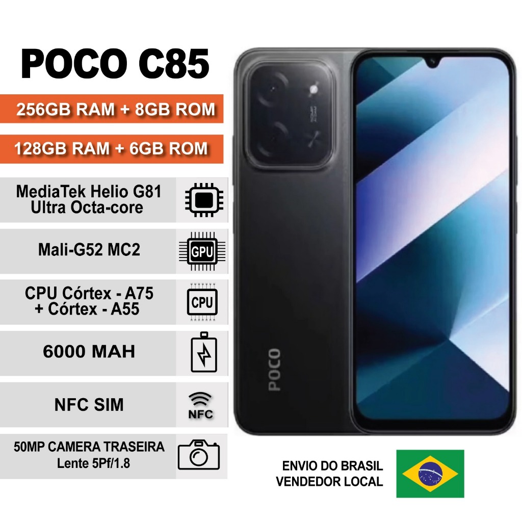 Xiaomi Poco C85 | 8GB 256GB e 6GB 128GB | COM NFC E 4G | TELA 6.9" | BATERIA 6000 MAH | 50MP | GPS | ORIGINAL | GARANTIA