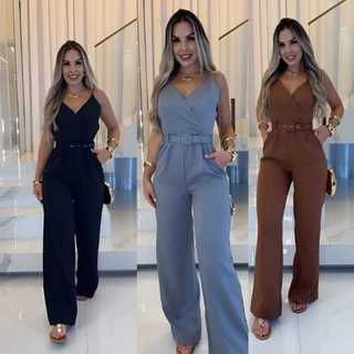 Macacão Feminino Longo Alfaiateria Elegante com Cinto M ao GG