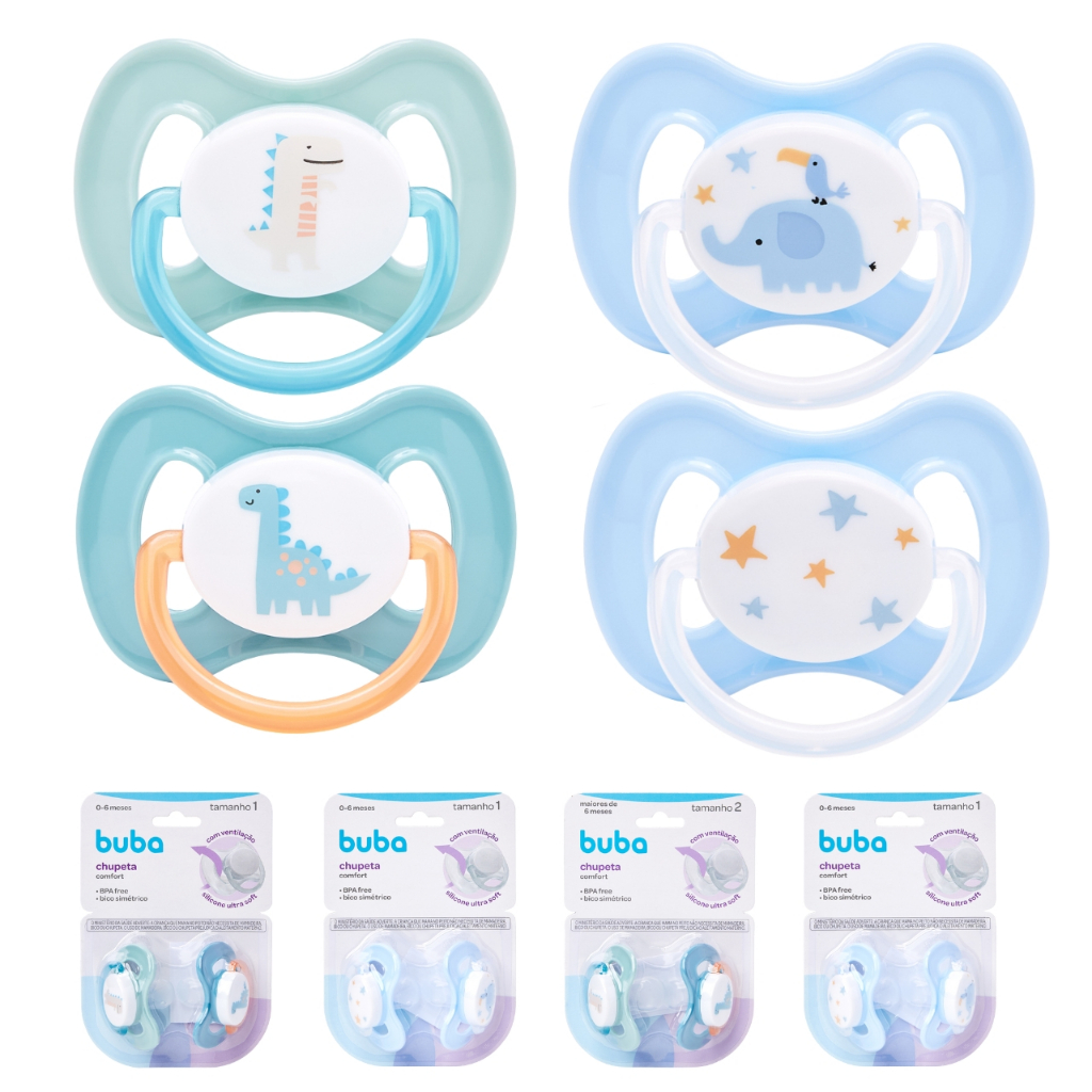 Kit 2 Chupeta Buba Menino Chupeta para Bebê de Silicone Chupeta Tamanho 01 e 02 Chupeta de Dino