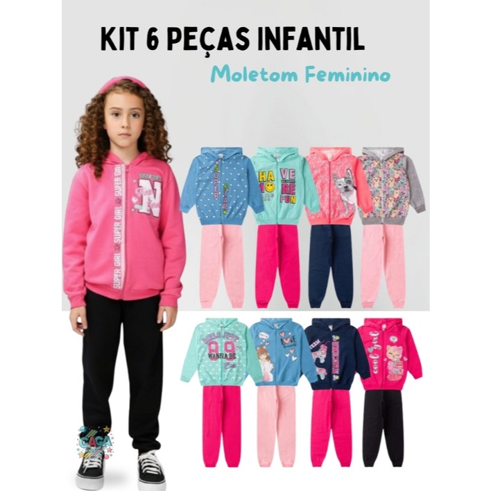 Kit 6 Peças Infantil Moletom Feminino Menina Juvenil Inverno Zíper Tamanho 1 ao 16 - 3 Casacos + 3 Calças