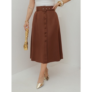 ONSAY Saia longa monocromatica em alfataria , com bolsa laterais e detalhas em ziper e botao com cinto/DD061 em Oferta na Shopee