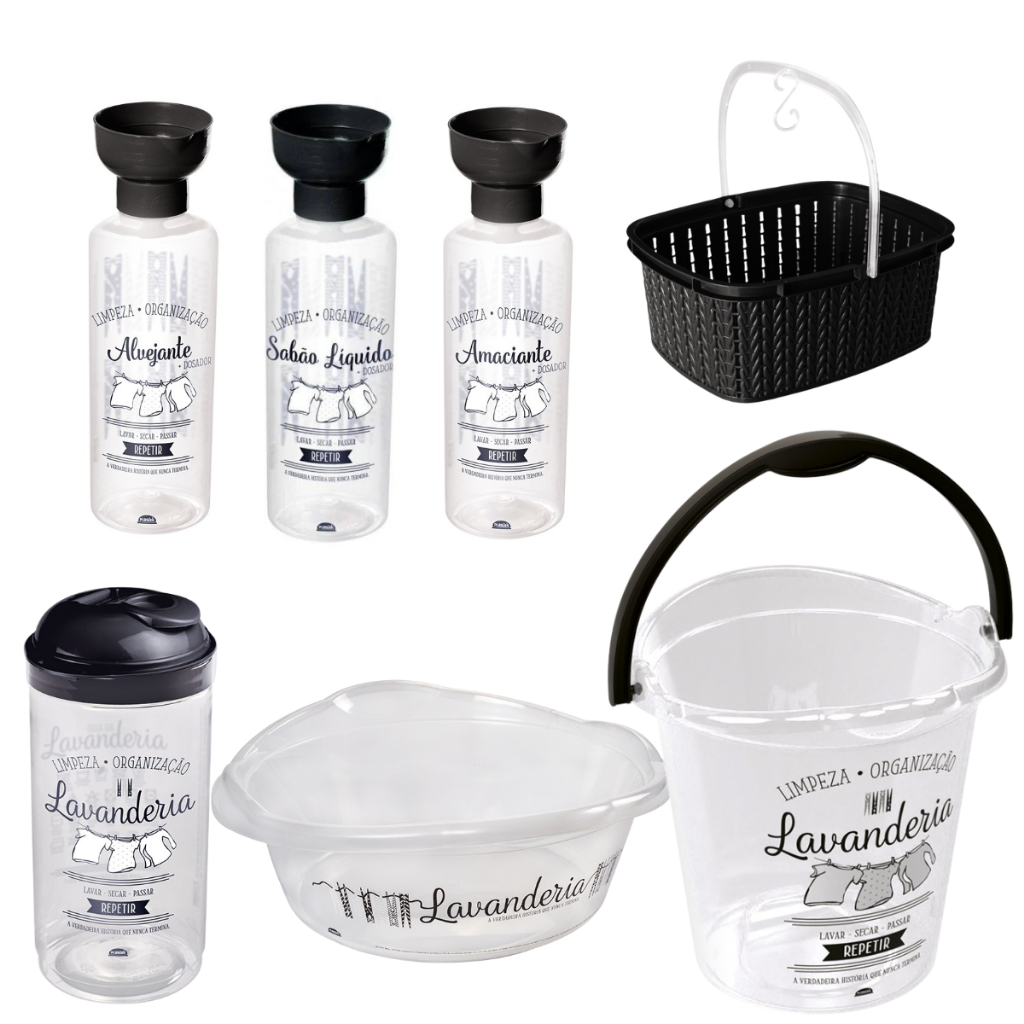 Conjunto Lavanderia Organizador Limpeza Organização Porta Amaciante Alvejante Sabão C/ Dosador em Oferta na Shopee