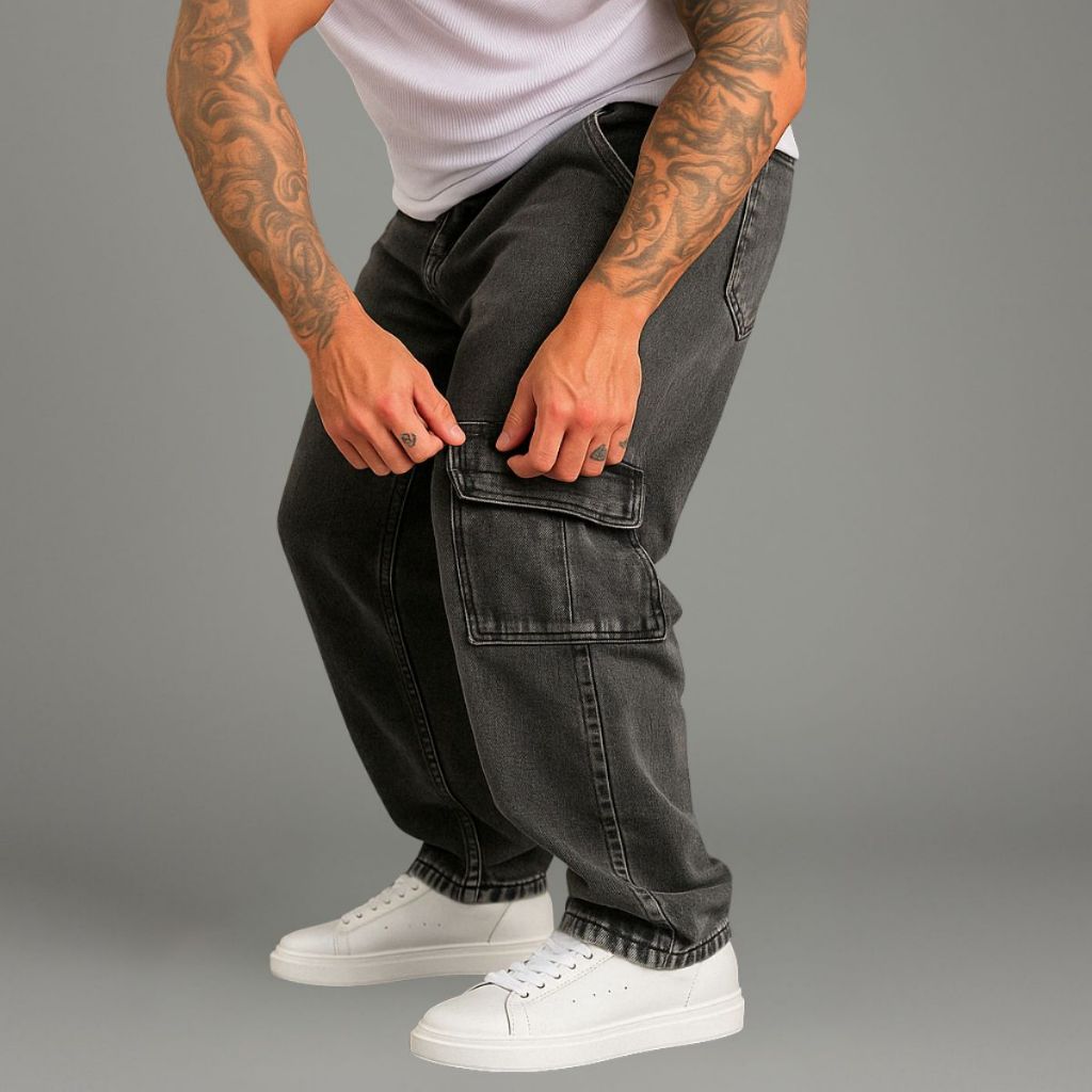 Calça Jeans Cargo Masculina Streetwear Preta Mescla 34 Ao 44 em Oferta na Shopee