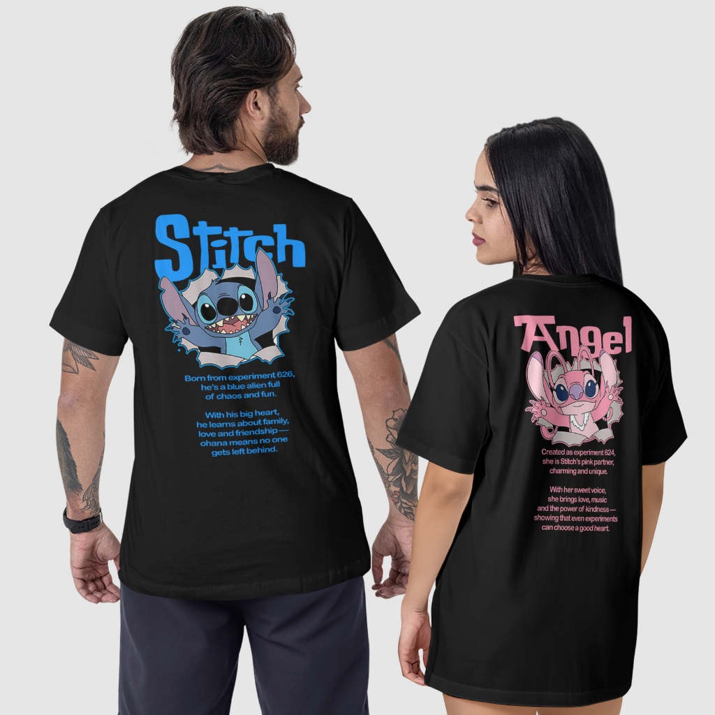 Kit 2 Camisetas Casal Stitch e Angel Algodão 100% Camisa Look Casual Conjunto Presente Casal Lilo Stitch