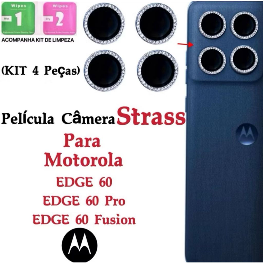 Kit(4Pçs) Pelicula Camera Diamante Para Motorola Edge 60/ Edge 60 Pro/ Edge 60 Fusion, ,Mais Kit Limpeza, Protetor Lente