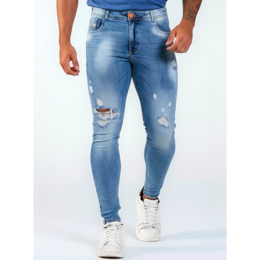 Calça Jeans Skinny Destroyed Rasgos Detalhes Devore no Laser Masculina Calça Super Skinny Codi Jeans