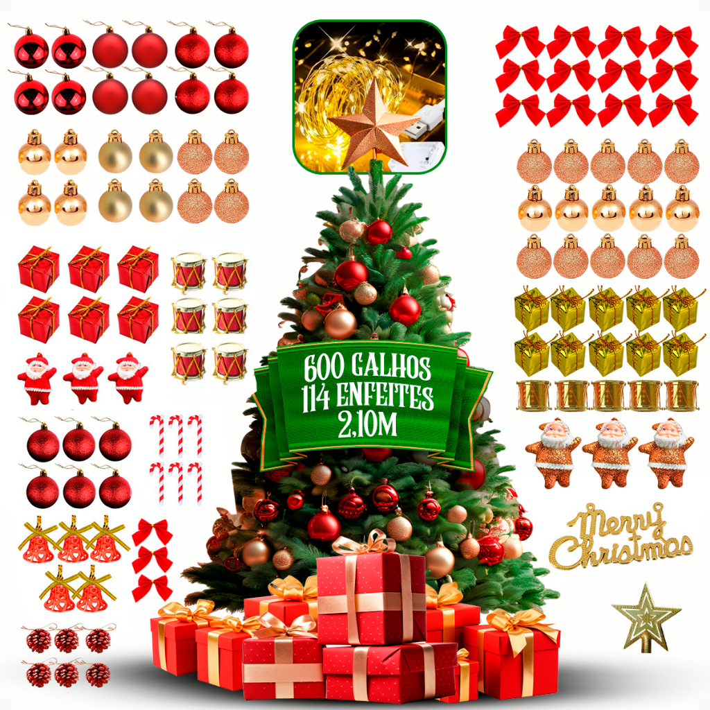 Árvore Natal Decorada 2,10m 600 Galhos 114 Enfeites Premium Kit Completo Enfeites + Pisca Pisca