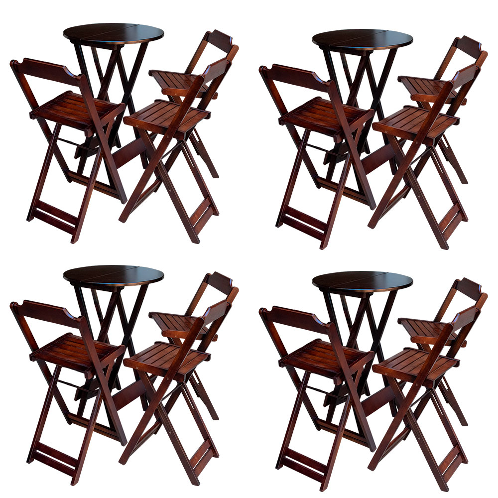 Kit 4 Conjuntos de Mesa Bistrô Dobravel em Madeira Maciça com 3 Banquetas Altas