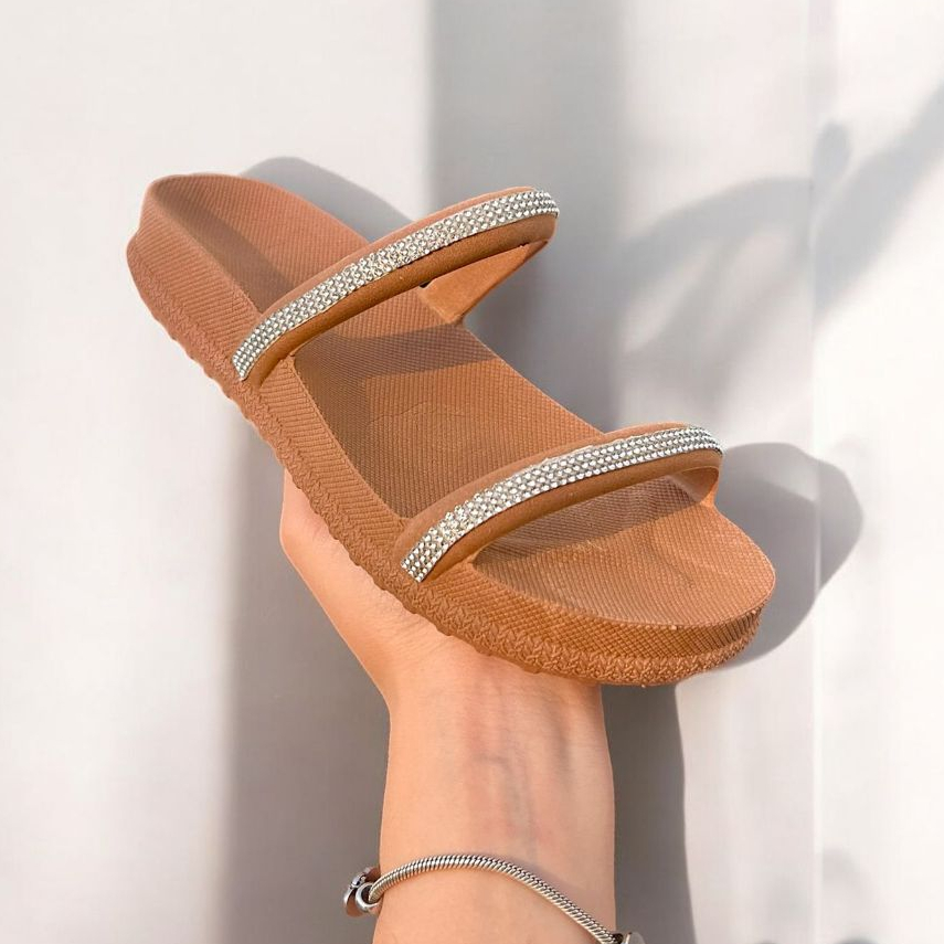 Sandália Feminina Injetada Papete 2 Tiras Strass Manta Tamanco Rasteirinha Confortavel Moderno