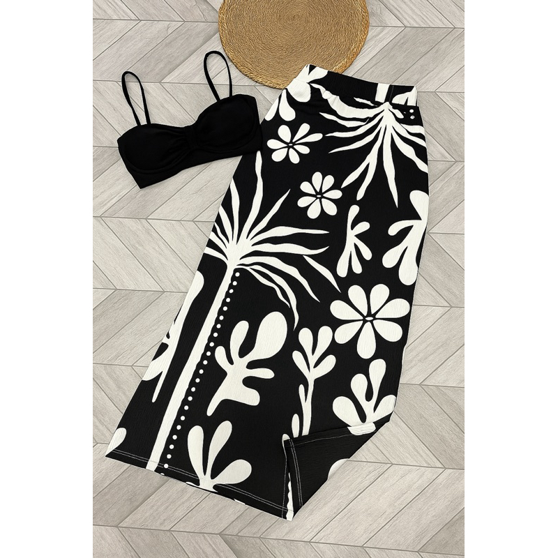 saia feminina estampada mid com fenda lateral verão Farme tropical mídi