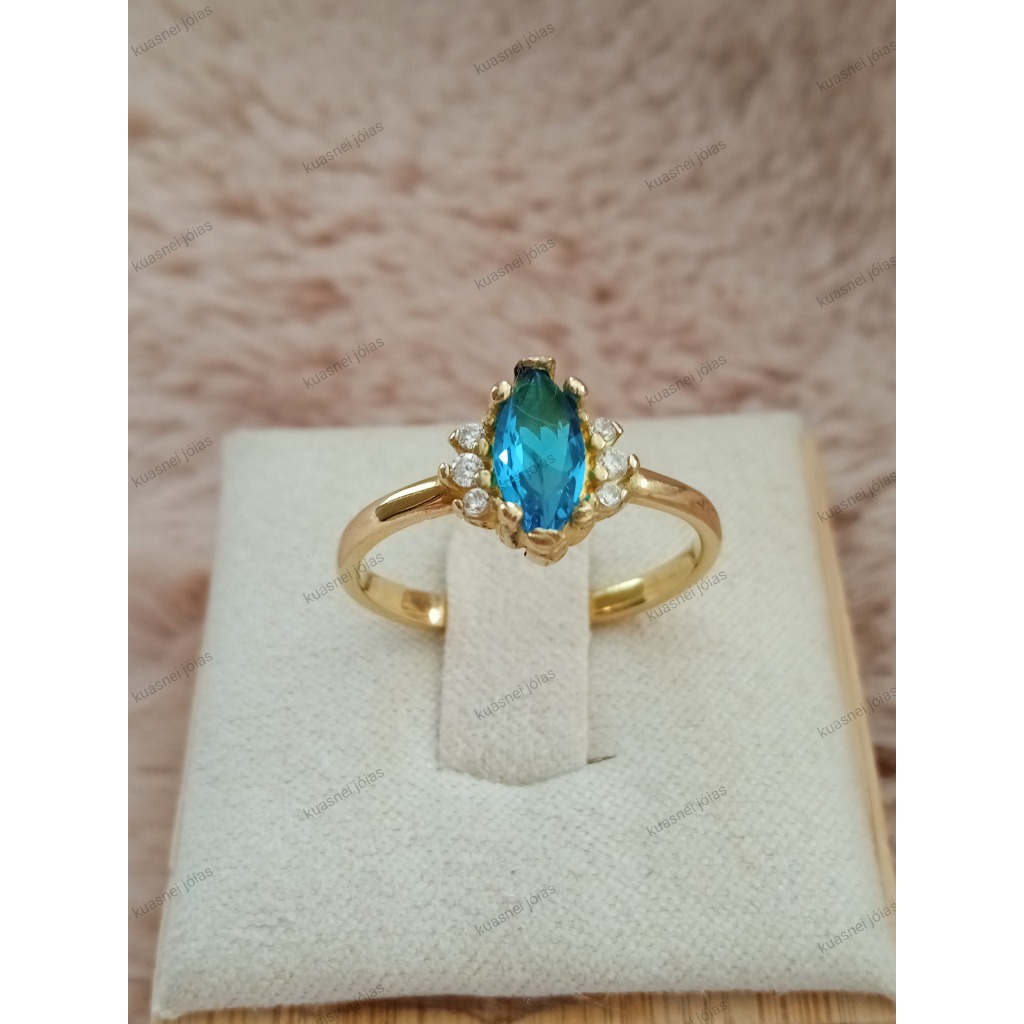 ANEL DE MOEDA COM PEDRA NAVETE AQUAMARINE DELICADO