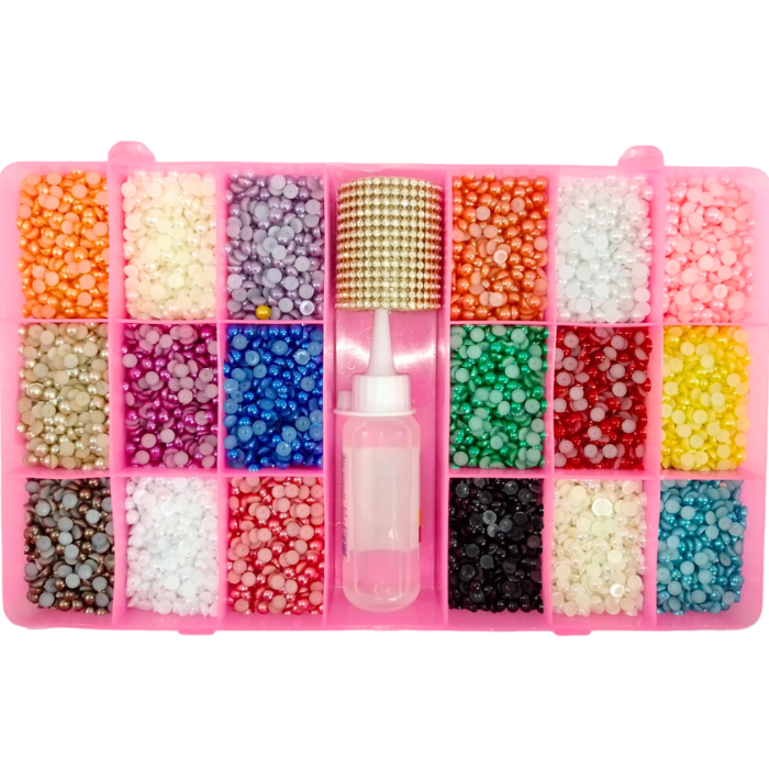 Meia Perola Abs c/caixa organizadora18 Cores +manta Strass +cola silicone 60ml