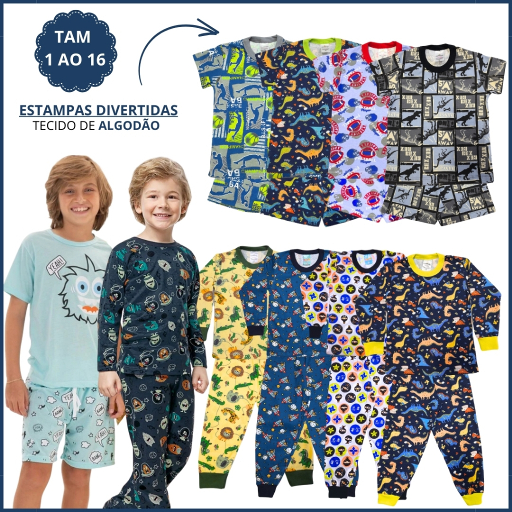 Kit 4 Peças Pijama Infantil Menino Verão e Inverno 1 Pijama Verão e 1 Pijama Inverno Algodão 1 ao 16