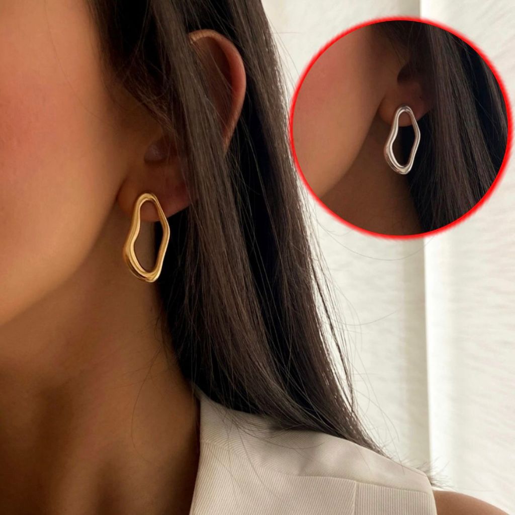 Brinco Orgânico Vazado Ondulado Banhado a Prata 925 e Ouro 18k e Conjunto em Oferta na Shopee