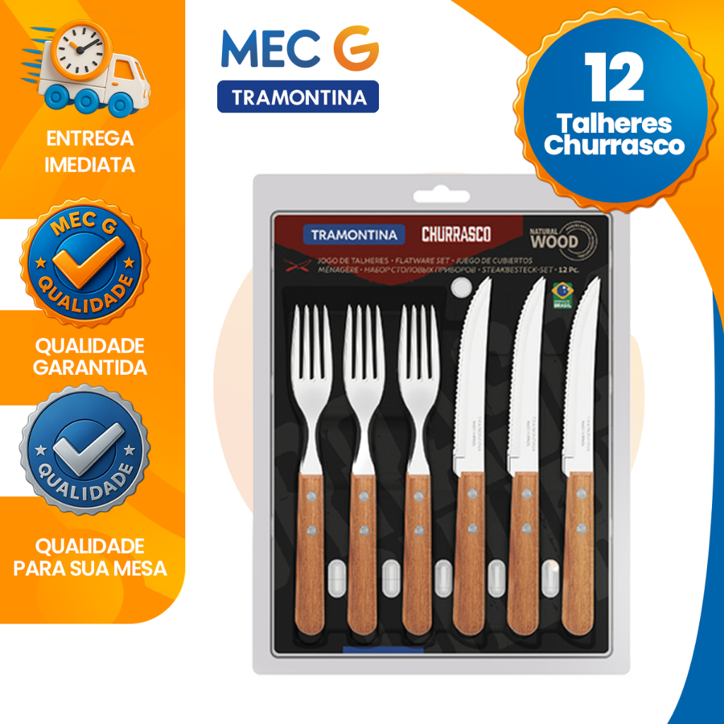 Jogo de Talheres Tramontina Cabo de Madeira 12 Peças Lâminas Aço Inox Garfo Faca com Serra Faqueiro em Oferta na Shopee