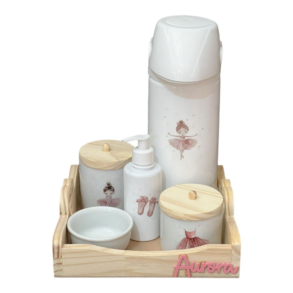 Kit Higiene Bebê Porcelana Bailarina Bandeja Pinus Adesivo Dtf Uv Com Nome Personalizado Garrafa Pump