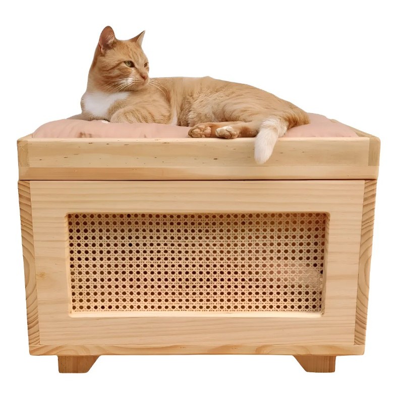 Casa de Gato Madeira Casa Pet com Palha em Rattan (MONTADA E ENVERNIZADA) MALAVASE DECORART