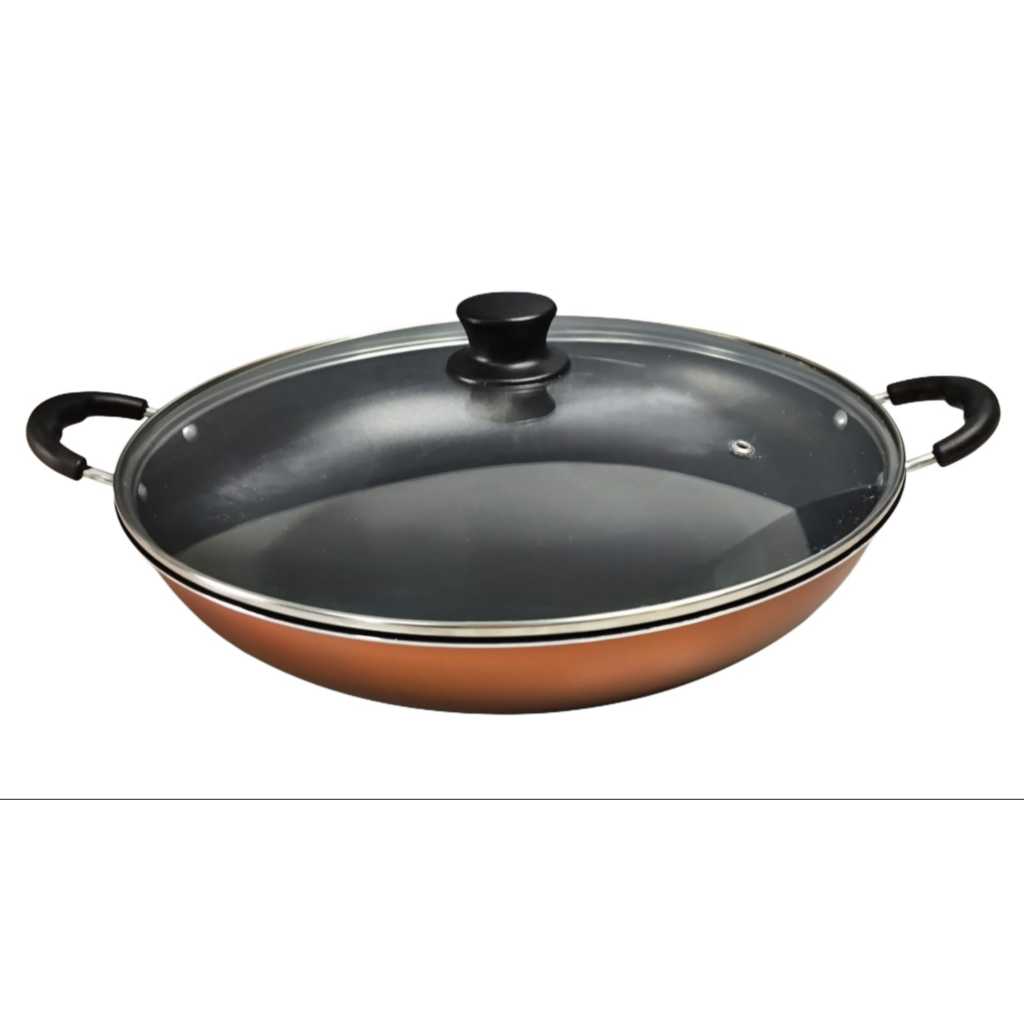 Panela Frigideira Wok Paella Caçarola 5 Camadas Antiaderente 34 Cm Com Tampa De Vidro