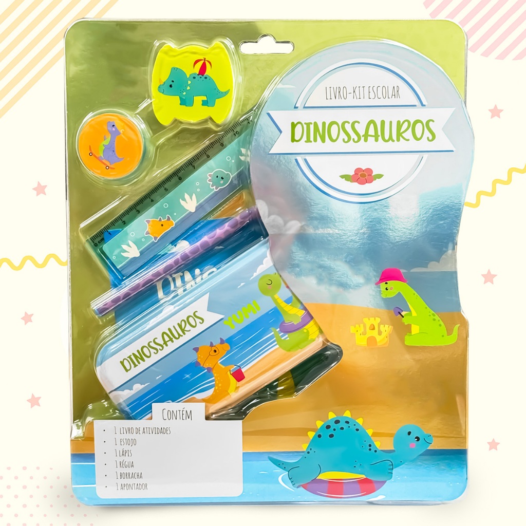 Livro Kit Escolar Dinossauros Criança - Livro De Atividades Educativas Com Estojo Lápis Régua Borracha E Apontador