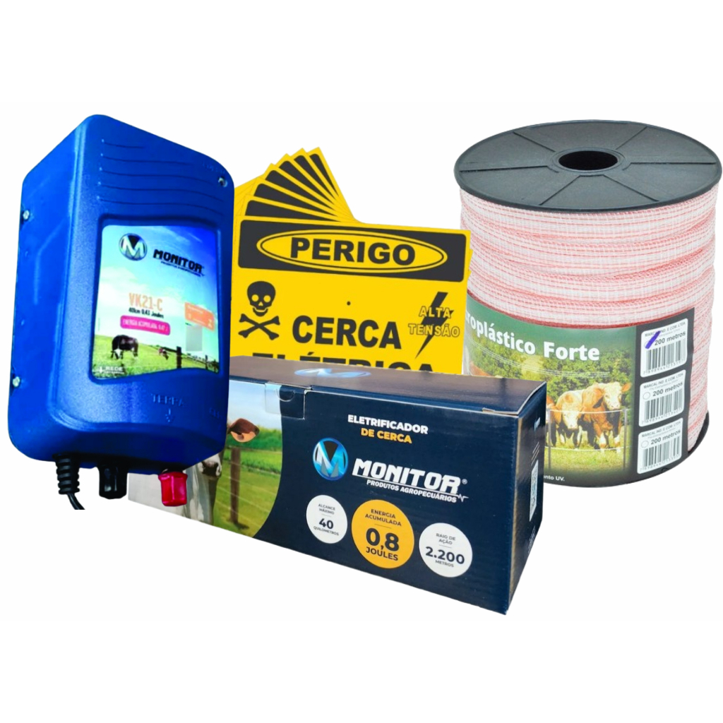 01 Eletrificador de cerca 0,8J Rural - 01 Rolo de fita 12mm x 200 metros - 05 placa de advertencia..