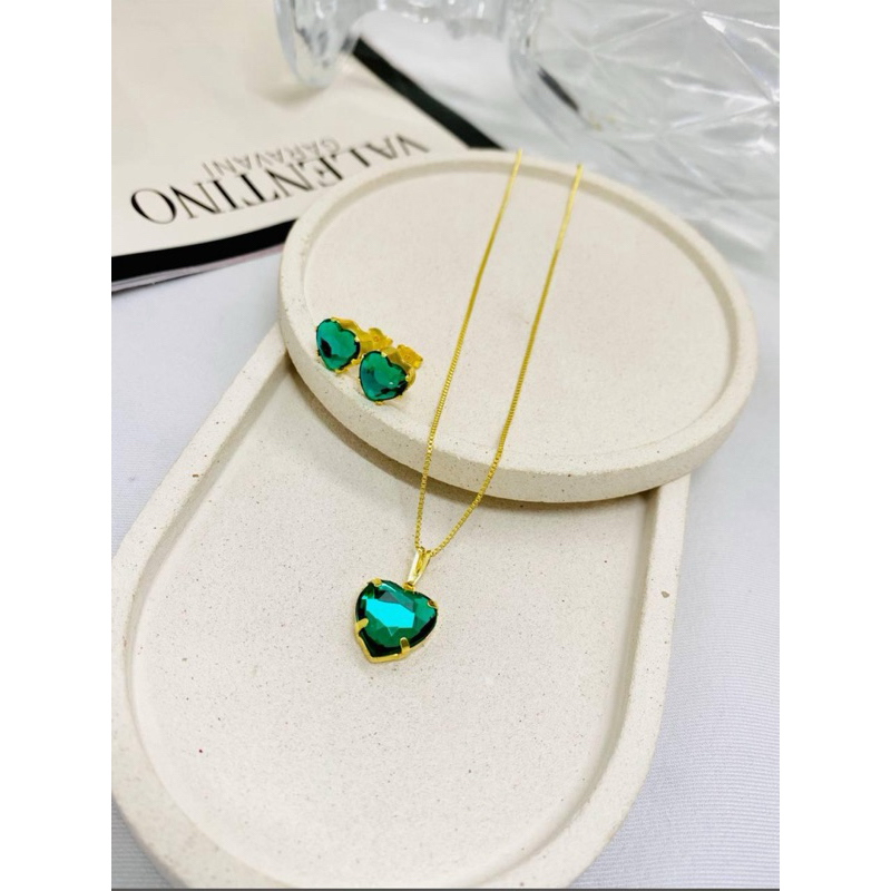 Conjunto Feminino Coração Verde Colar e Brinco | Semi Joia Luxo Presente Namorada