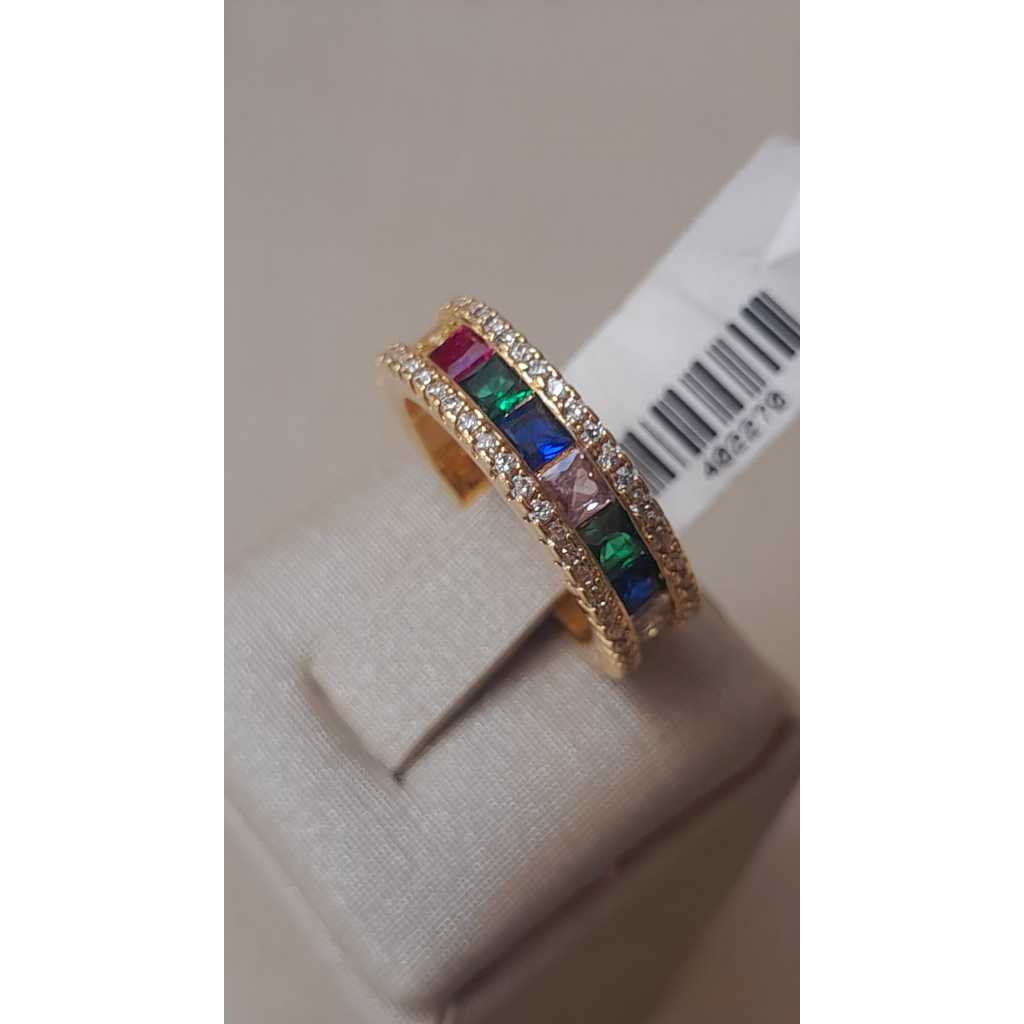 Anel Aro 13 com Pedras Carrê Quadradas Coloridas e Microzircônias - Banhado a Ouro 18k - Antialérgico