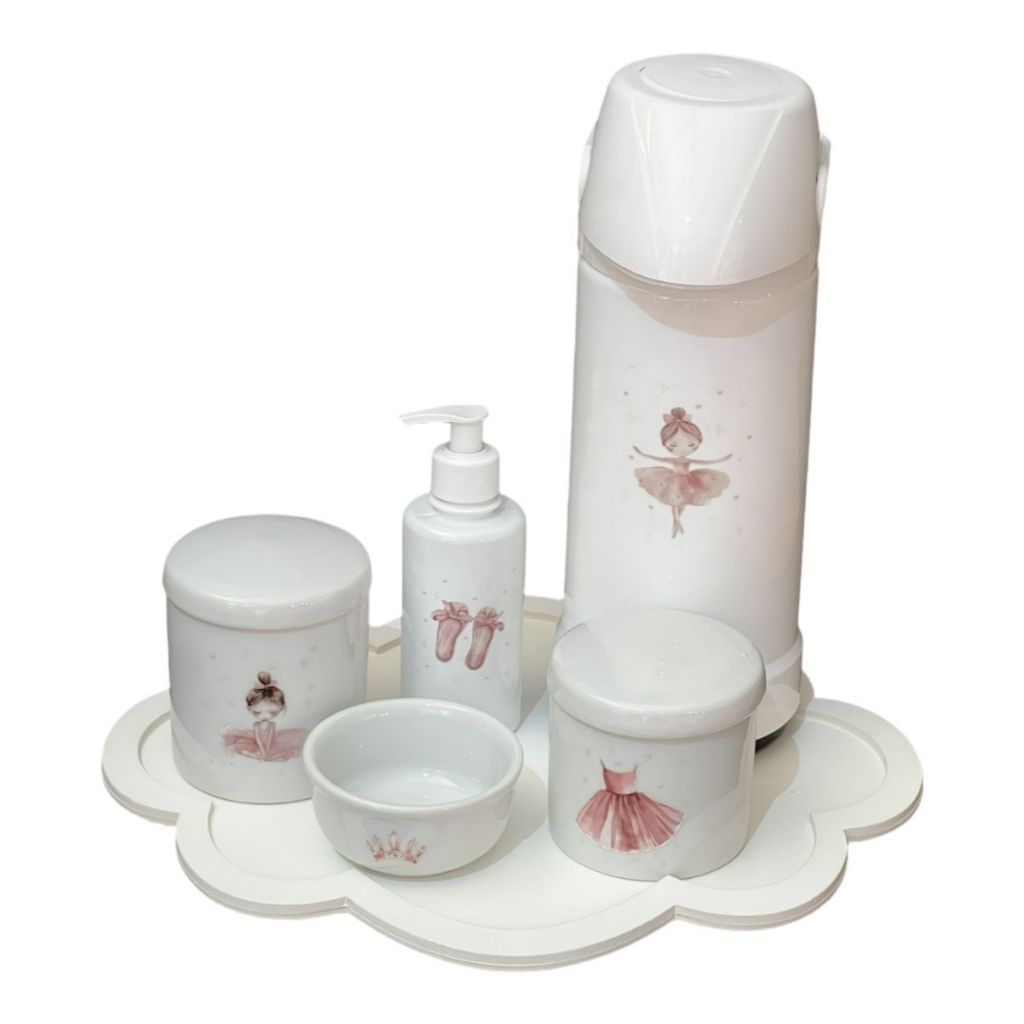 Kit Higiene Bebê Porcelana Bailarina Bandeja Nuvem ou Coração Adesivo Dtf Uv Com Nome Personalizado Garrafa Pump em Oferta na Shopee