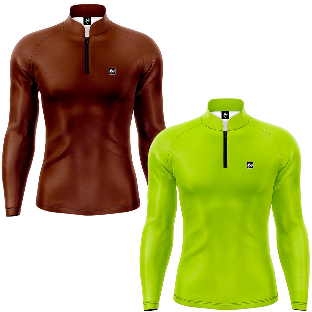 Kit 2 Camisetas Camisa Pesca Básica Com Proteção Solar Cores Marrom e Verde Limão